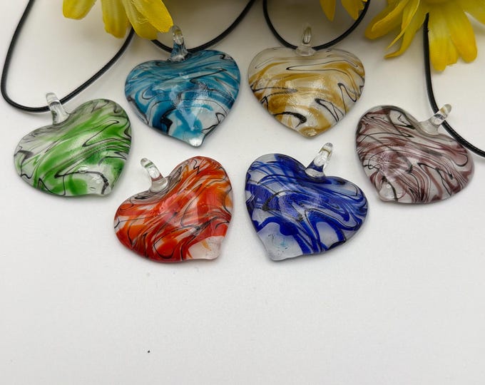 Swirl Design Heart Pendant | Colorful Heart Pendant Necklace | Lampwork Glass Heart Necklace