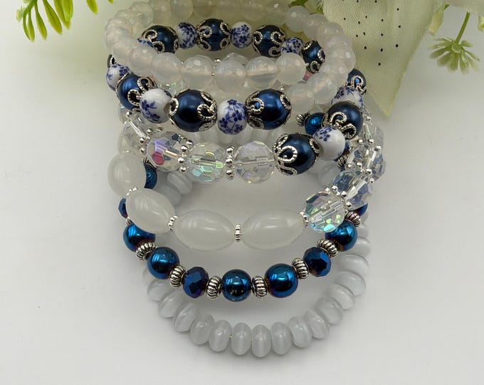 Blue/White Multi Strand Memory Wire Bracelet