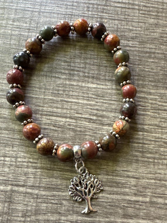 Picasso Jasper Stretch Bracelet with Tree of Life Charm