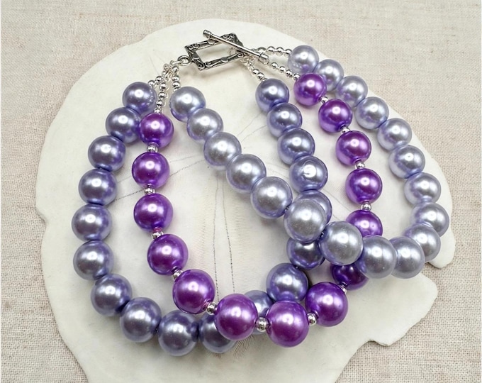 Purple Pearl Bracelet – Pearl Bracelet with Toggle Clasp, Silver Gray and Purple Pearls