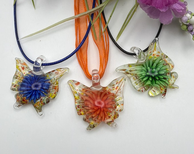 Butterfly Pendant Necklace | Murano Inspired Glass Butterfly | Glass Butterfly Pendant Necklace | Lampwork Glass Butterfly Pendant