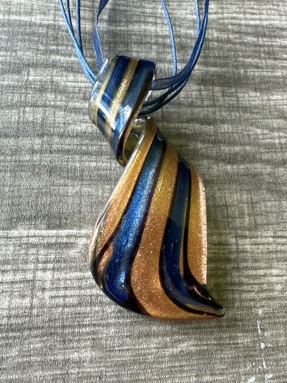 Navy Blue/Gold Stripe Murano Glass Spiral Pendant Necklace