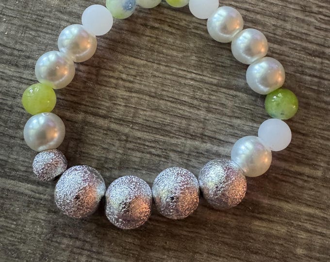 Green Jade & Pearl Stretch Bracelet | Beaded Bracelet | Morse code - Love | Message in a Bracelet | Quote Bracelet