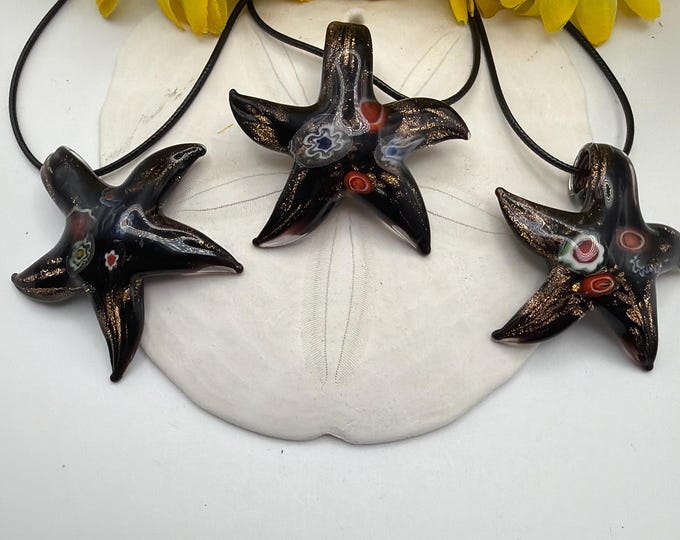 Black Millefiori Starfish Pendant | Lampwork Glass Starfish | Starfish Pendant Necklace | Starfish Jewelry