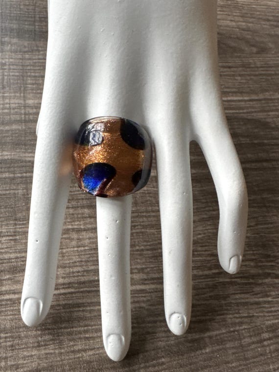 Gold/Navy Blue Glass Ring | Murano Glass Ring | LampWork Statement Ring - size 8 1/2