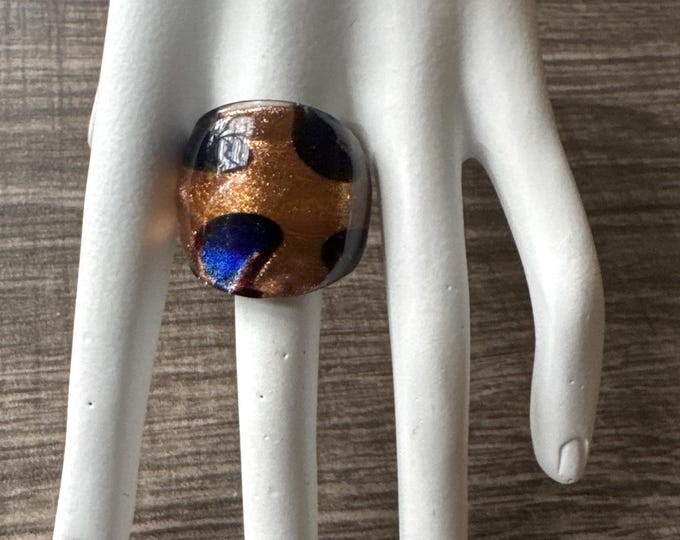 Gold/Navy Blue Glass Ring | Murano Glass Ring | LampWork Statement Ring - size 8 1/2