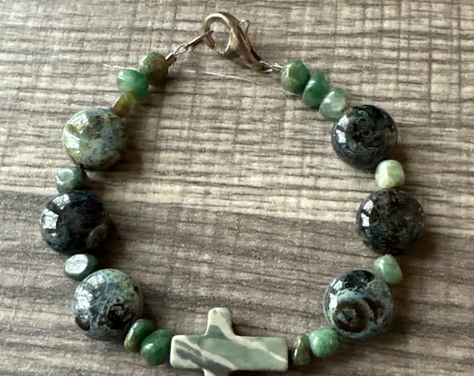 Gemstone Cross Bracelet | Green Moss agate rounds | Gemstone Beaded Bracelet