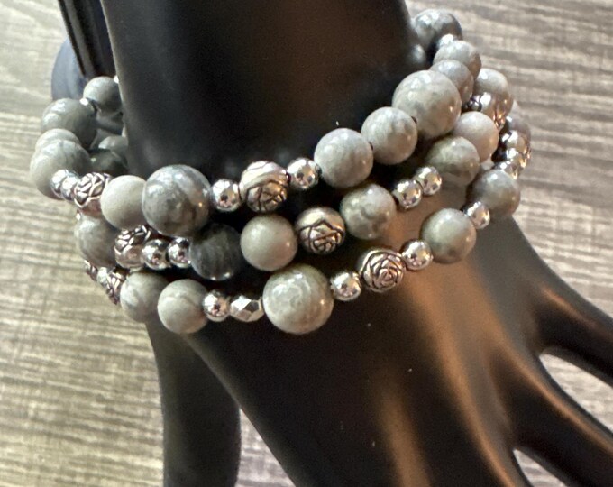 Map Gray Jasper Memory Wire Bracelet | Beaded Bracelet |  | Jasper Bracelet | Wrap Bracelet