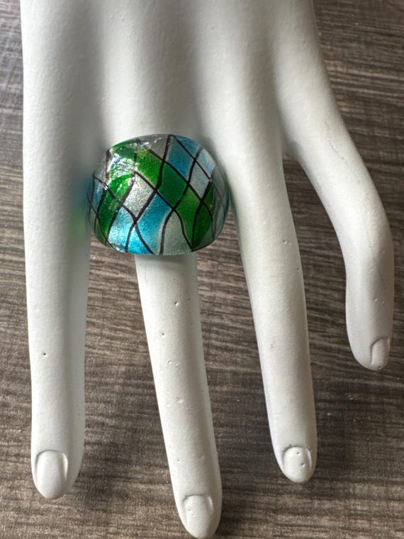 Blue/Green/Silver Ring | Murano Glass Ring | Striped Lampwork Ring / Size 8 1/4