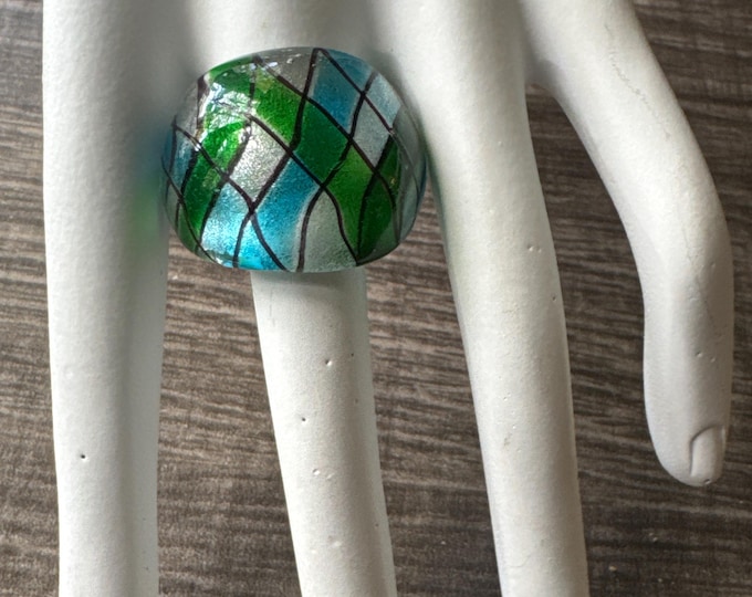 Blue/Green/Silver Ring | Murano Glass Ring | Striped Lampwork Ring / Size 8 1/4