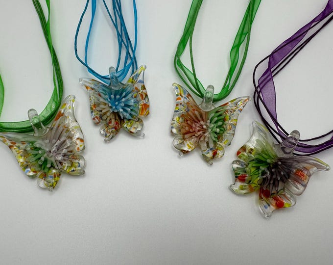 Dual Color Butterfly Pendant Necklace | Murano Inspired Glass Butterfly | Butterfly Pendant Necklace