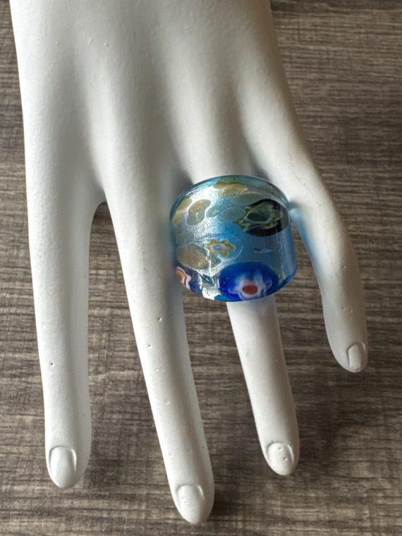 Aqua Blue Thick Band Millefiori Flower Statement Glass Ring