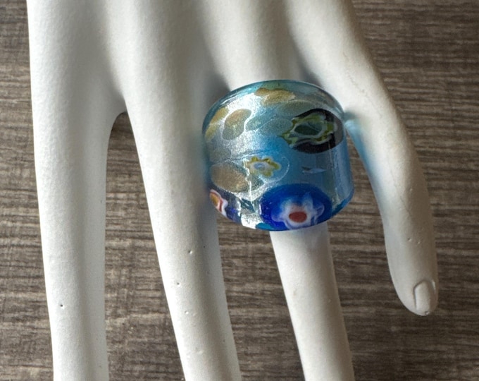 Aqua Blue Thick Band Millefiori Flower Statement Glass Ring
