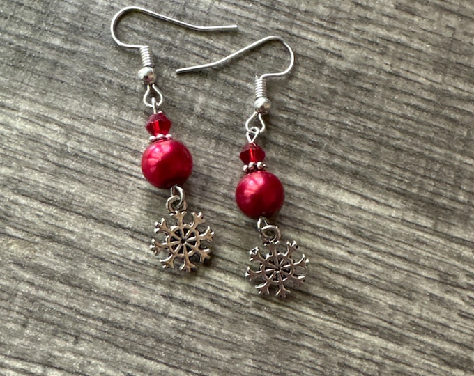 Snowflake Earrings | Red Pearl w/Snowflake Earrings | Christmas Earrings | Stocking Stuffers