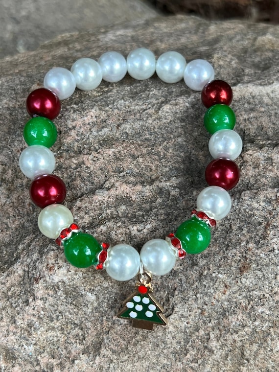 Christmas Tree Charm & Red Rhinestone Bead Bracelet