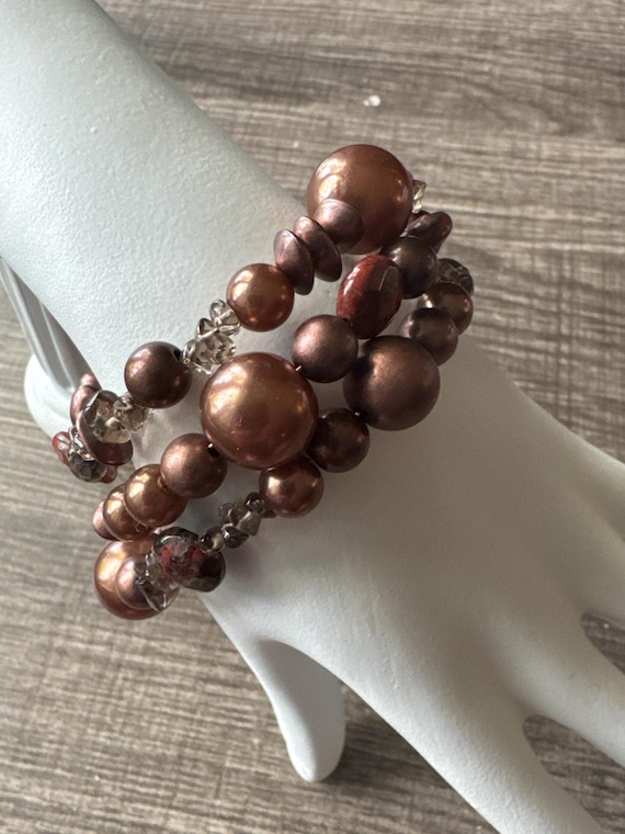 Brown Pearl Bead | Memory Wire Bracelet | Unakite Gemstones | Vintage Pearls