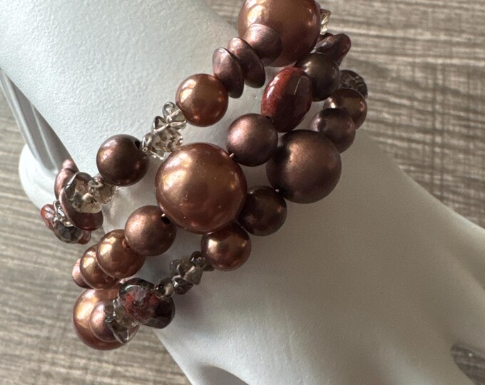 Brown Pearl Bead | Memory Wire Bracelet | Unakite Gemstones | Vintage Pearls