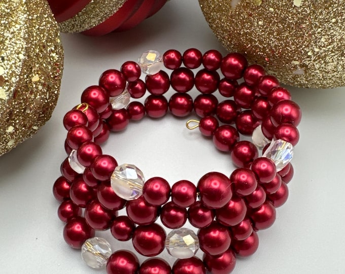 Red Pearl Memory Wire Bracelet | Christmas Bracelet | Red Pearl Bracelet | Memory Wire Bracelet | Holiday Bracelet