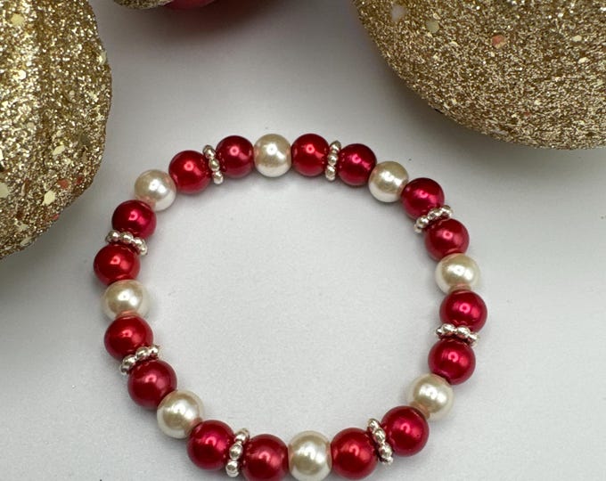 Red/Cream Beaded Stretch Bracelet