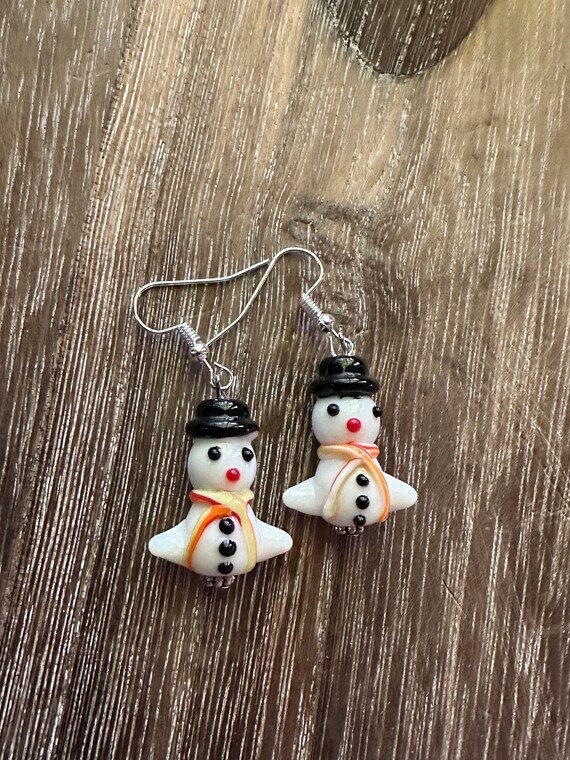 Snowman Lampwork Glass Earrings
