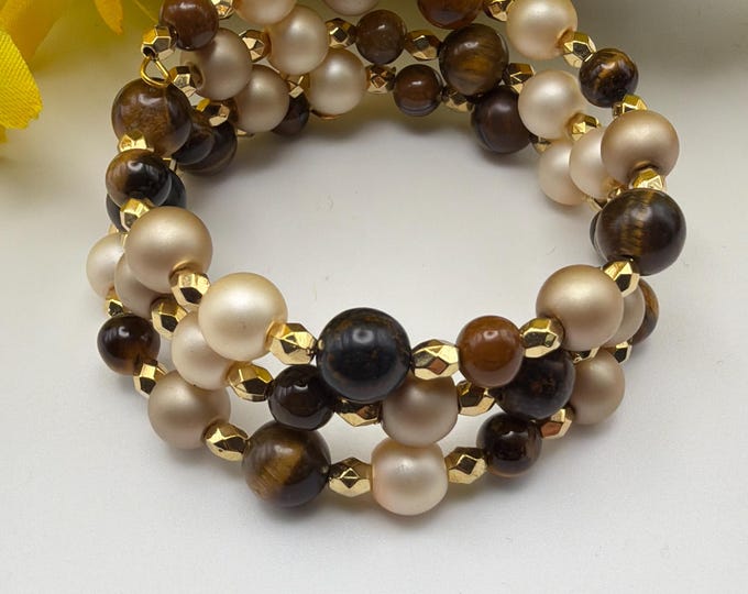 Tiger Eye & Pearl Bead Memory Wire Bracelet  | Gemstone Bracelet | Wrap Bracelet