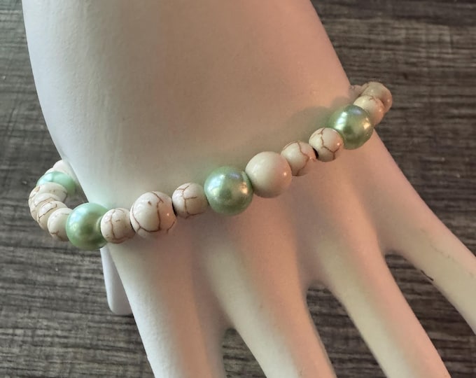 White Howlite and Mint Green Pearl Stretch Bracelet | Beaded Bracelet | Morse code - Survivor | Message in a Bracelet | Quote Bracelet |