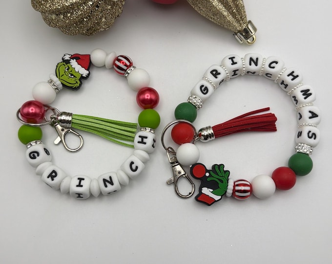 Grinch Silicone Bead Wristlet Keychain | Christmas Wristlet/Keychain