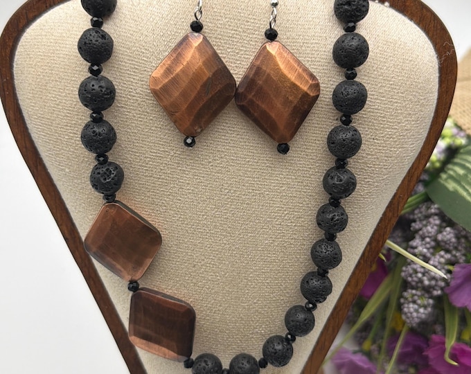 Lava Rock & Bronze Plated Diamond Bead Necklace and Earring Set | Diffuser Jewelry