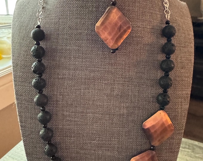 Lava Rock & Bronze Plated Diamond Bead Necklace and Earring Set