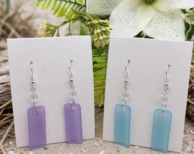Sea Glass Dangle Earrings – Rectangle Drop Earrings, Purple or Turquoise Blue, Beach Jewelry