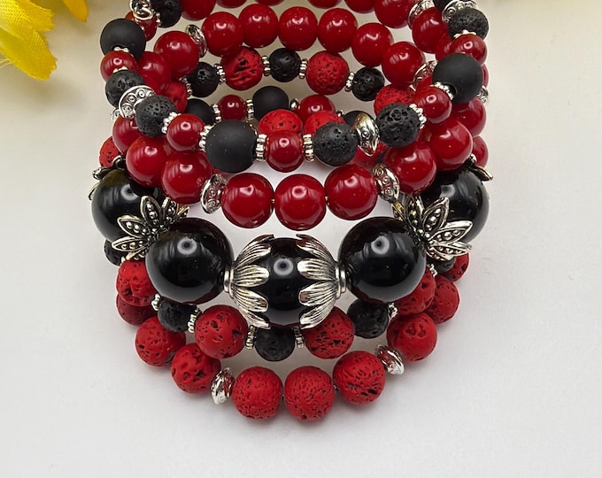 Red Lava Bead Memory Wire Bracelet | Wrap Bracelet | Beaded Bracelet