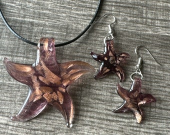 Purple/Gold Starfish Lampwork Glass Pendant Necklace & Earring Set