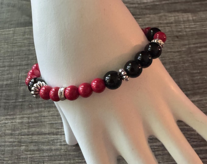 Red Coral and Black Agate Stretch Bracelet | Beaded Bracelet | Morse code - Survivor | Message in a Bracelet  | Quote Bracelet