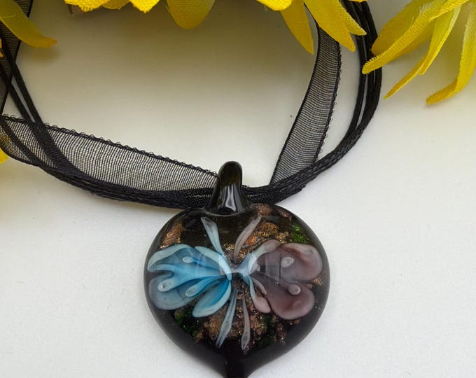Blue/Purple Flower Pendant | Murano Inspired Glass Flower | Flower Pendant Necklace | Lampwork Glass Pendant Necklace