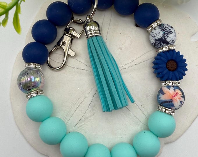 Blue Flower Silicone Bead Wristlet/Keychain | Flower Wristlet