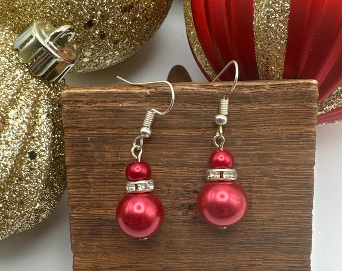 Red Pearl and Rhinestone Earrings