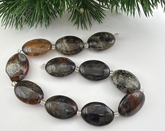 Dragon Vein Agate Oval Bead Strand | Beads for Crafting | Agate Beads