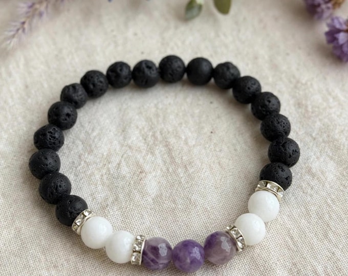 Amethyst & Black Lava Rock Bracelet – Purple Gemstone Stretch Bracelet, Healing Crystal Jewelry