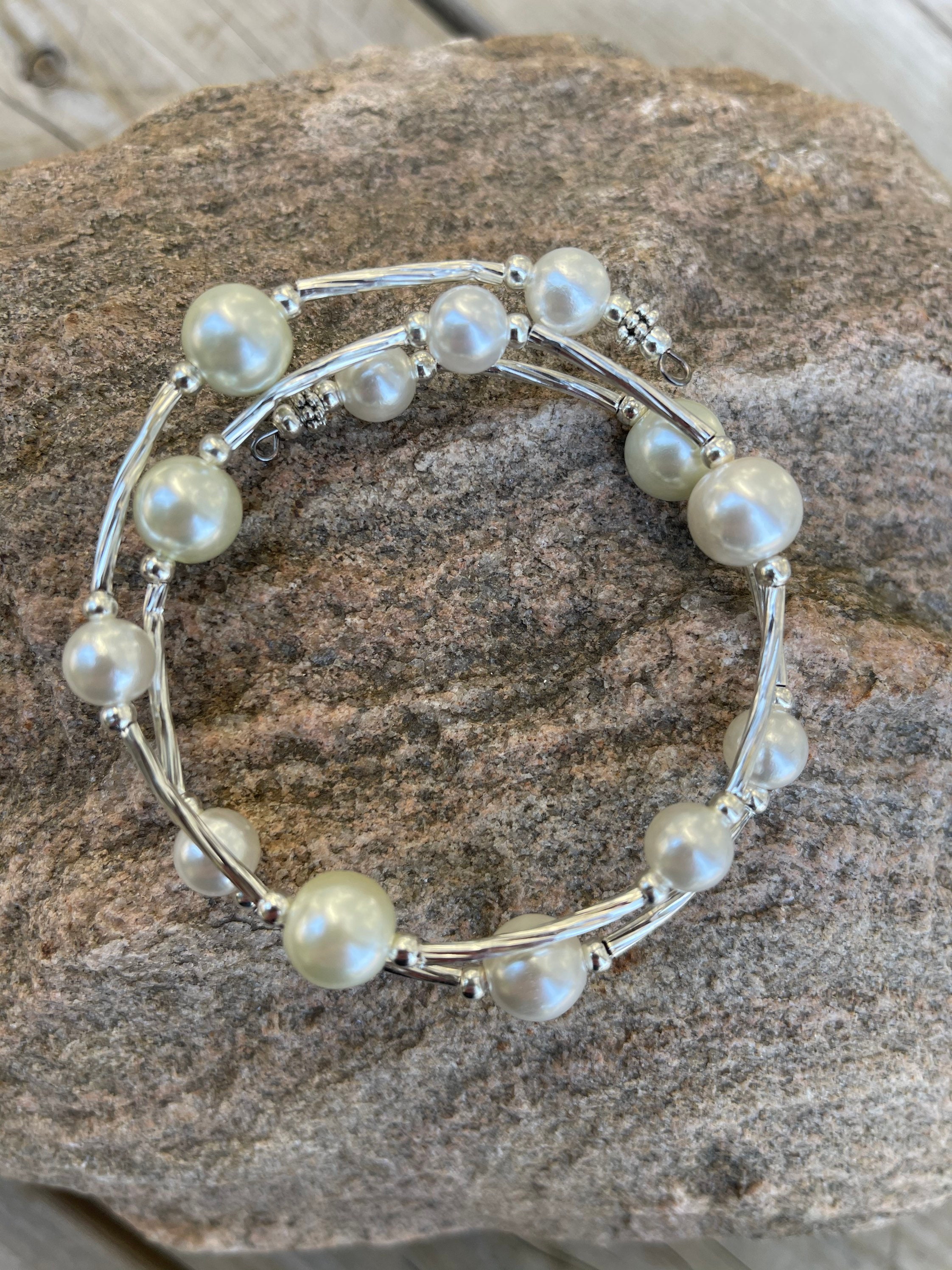 White Pearl Memory Wire Bracelet | Etsy