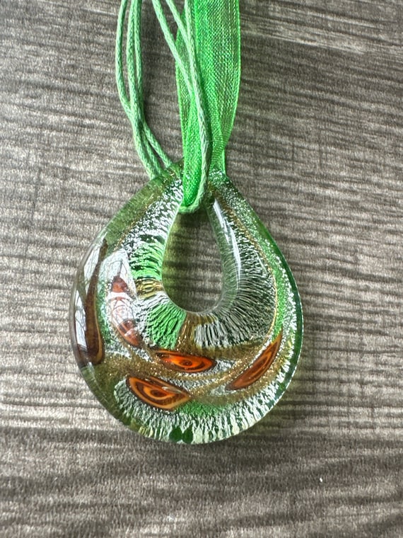Green Millefiori Lampwork Teardrop Pendant Necklace
