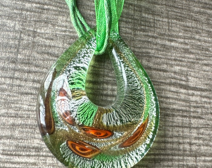 Green Millefiori Lampwork Teardrop Pendant Necklace