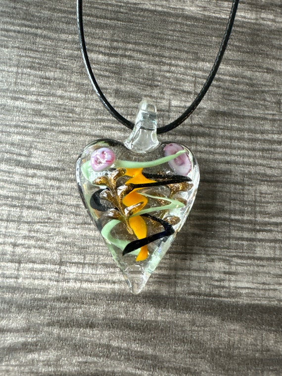 Black/Green/Orange Heart Pendant | Murano Glass Heart | Swirl Heart Pendant Necklace