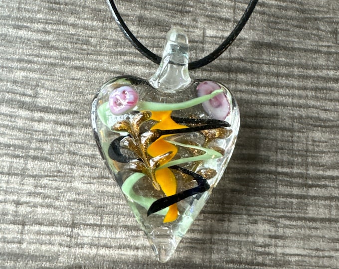 Black/Green/Orange Heart Pendant | Murano Glass Heart | Swirl Heart Pendant Necklace