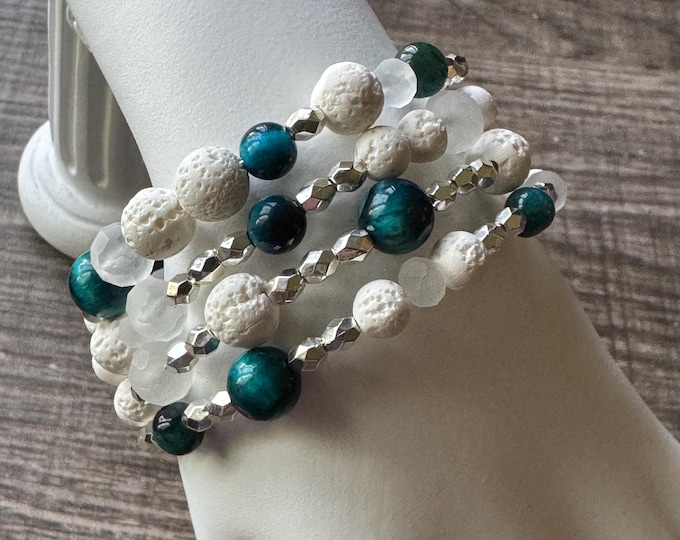 Blue Tiger Eye & Lava Bead Memory Wire Bracelet | Tiger Eye Bracelet | Lava Bead Bracelet | Memory Wire Bracelet
