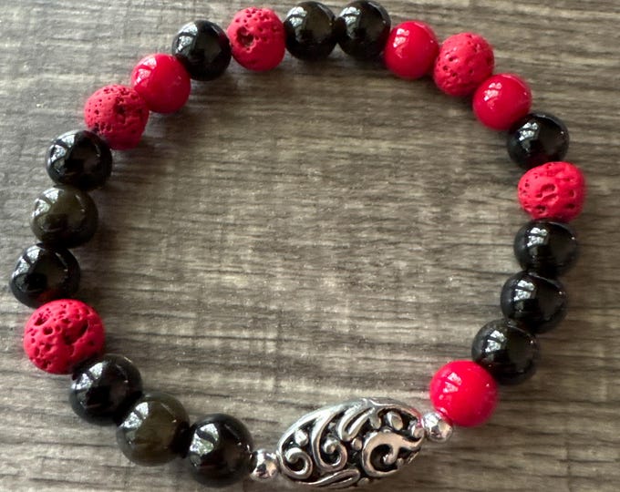 Red Lava & Black Bead Stretch Bracelet  | Beaded Bracelet | Morse code -Badass | Message in a bracelet | Quote Bracelet