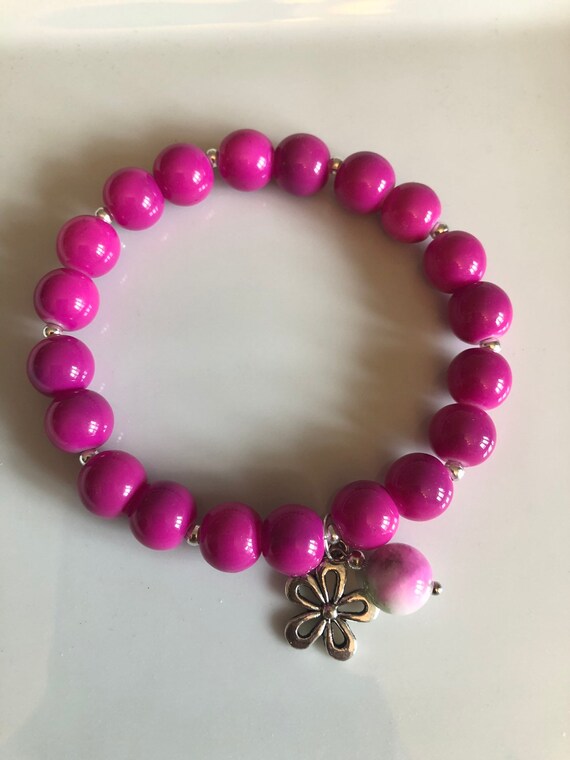 Pink Ori Glass Bead Bracelet With Tibetan Flower and Green