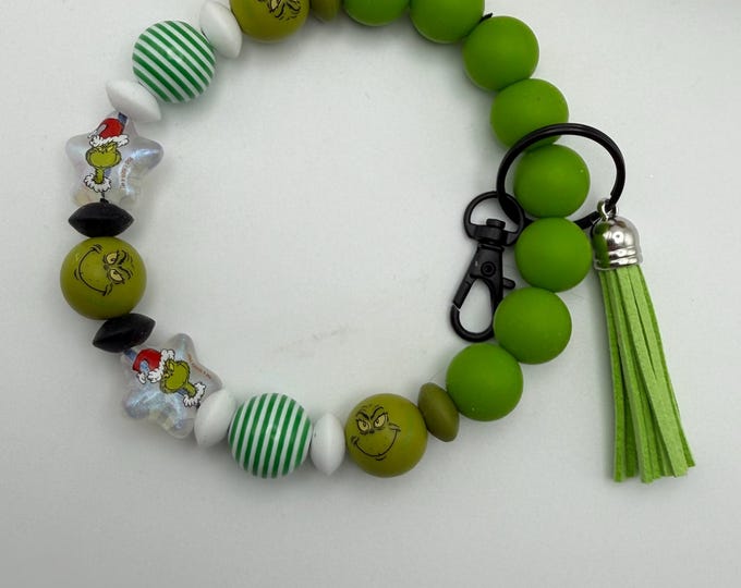 Grinch Silicone Bead Wristlet Keychain | Christmas Wristlet/Keychain