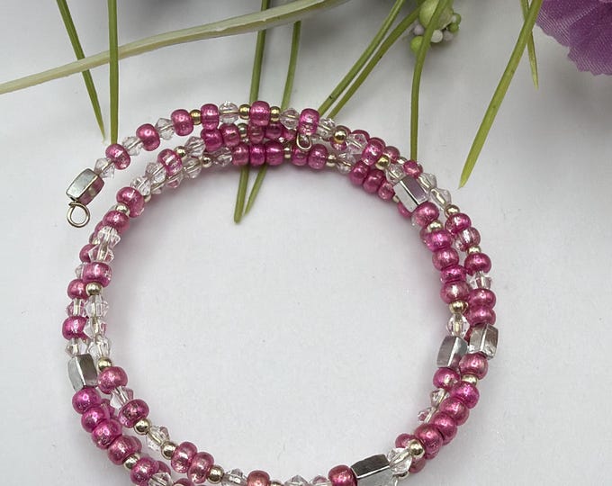 Pink Seed Bead Memory Wire Bracelet