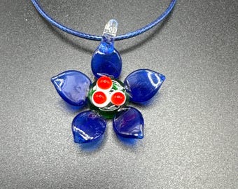 Blue Flower Pendant | Lampwork Glass Flower Pendant Necklace