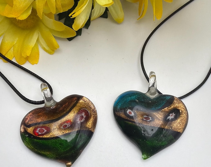 Millefiori Glass Heart Pendant | Flower Heart Pendant Necklace | Lampwork Glass Heart Pendant
